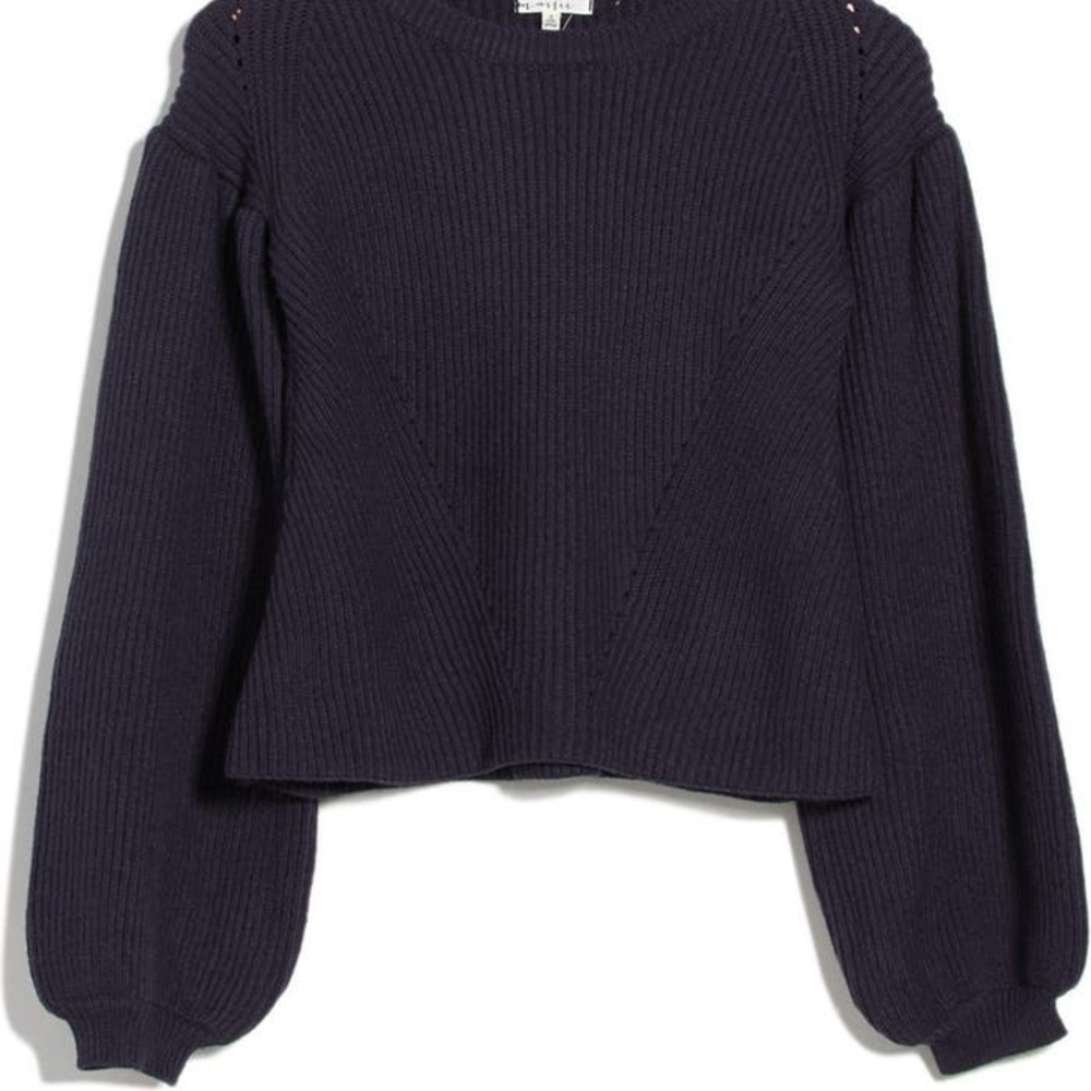 NEW Maisie Peter Bishop Sleeve Pullover Knit Sweater Crew Neck Navy Blue Medium - Picture 4 of 6